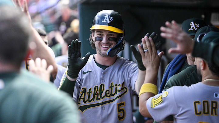 Sep 1, 2025; St. Louis, Missouri, USA; Athletics shortstop Jacob Wilson (5) is congratulated by teammates after scoring against the St. Louis Cardinals during the seventh inning at Busch Stadium. Mandatory Credit: Jeff Curry-Imagn Images Sep 1, 2025; St. Louis, Missouri, USA; Athletics shortstop Jacob Wilson (5) is congratulated by teammates after scoring against the St. Louis Cardinals during the seventh inning at Busch Stadium. Mandatory Credit: Jeff Curry-Imagn Images