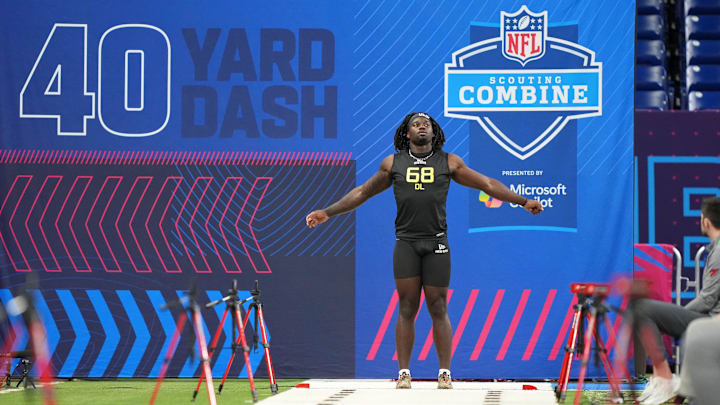 Texas A&M defensive end Shemar Stewart participates in drills during the 2025 NFL Combine at Lucas Oil Stadium.