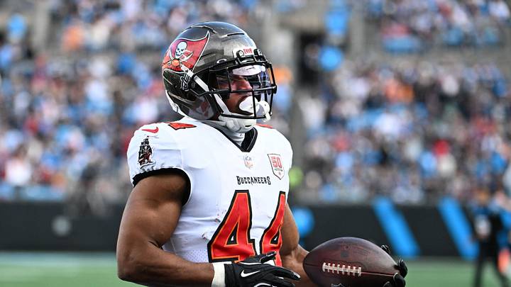 Dec 21, 2025; Charlotte, North Carolina, USA; Tampa Bay Buccaneers running back Sean Tucker (44) on the field in the third quarter at Bank of America Stadium. Mandatory Credit: Bob Donnan-Imagn Images