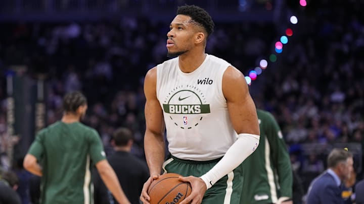 Jan 23, 2026; Milwaukee, Wisconsin, USA;  Milwaukee Bucks forward Giannis Antetokounmpo (34) during warmups prior to the game against the Denver Nuggets at Fiserv Forum. Mandatory Credit: Jeff Hanisch-Imagn Images