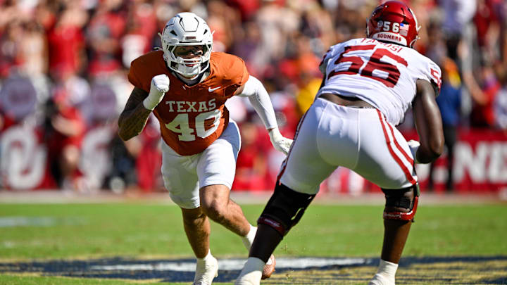 Oct 11, 2025; Dallas, Texas, USA; Texas Longhorns defensive end Lance Jackson (40) during the game between the Texas Longhorns and the Oklahoma Sooners at the Cotton Bowl. Mandatory Credit: Jerome Miron-Imagn Images
