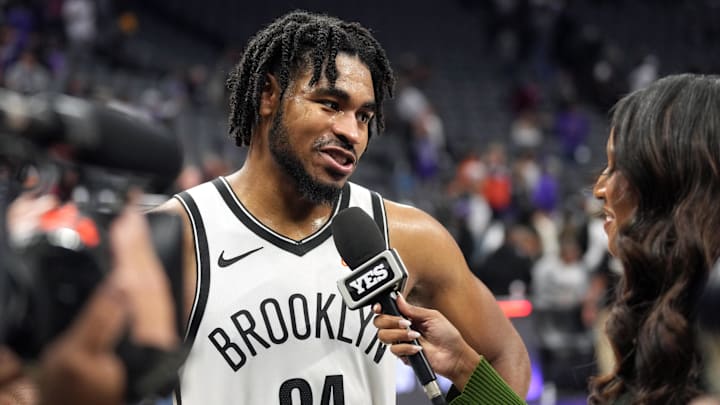 Nov 24, 2024; Sacramento, California, USA; Brooklyn Nets guard Cam Thomas (24) is interviewed after defeating the Sacramento Kings at Golden 1 Center. Mandatory Credit: Darren Yamashita-Imagn Images