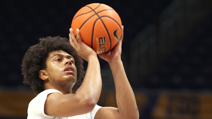 Jan 3, 2026; Pittsburgh, Pennsylvania, USA;  Pittsburgh Panthers guard Brandin Cummings (3) warms up before the game against the Clemson Tigers at the Petersen Events Center. Mandatory Credit: Charles LeClaire-Imagn Images