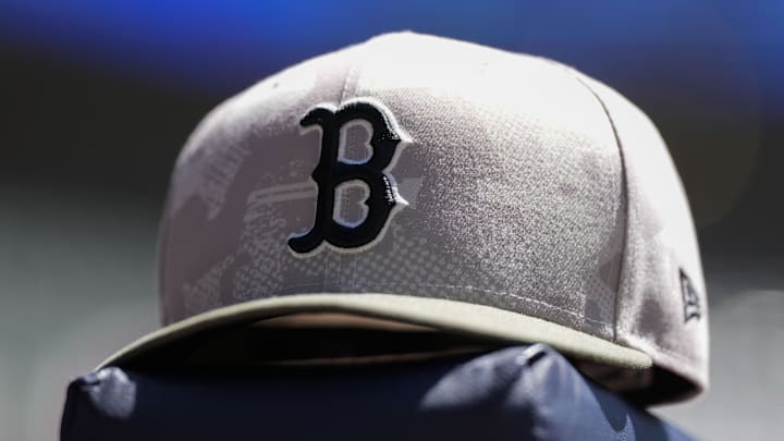 May 26, 2025; Milwaukee, Wisconsin, USA;  General view of a Boston Red Sox hat during warmups prior the game against the Milwaukee Brewers at American Family Field. Mandatory Credit: Jeff Hanisch-Imagn Images