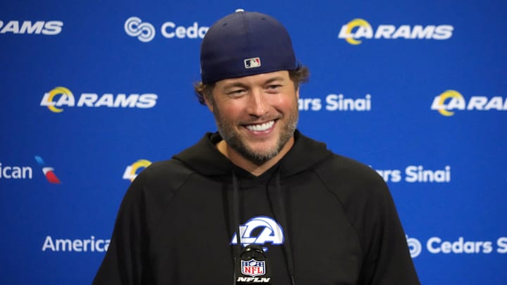 Oct 19, 2025; London, United Kingdom; Los Angeles Rams quarterback Matthew Stafford at a press conference after a NFL International Series game against the Jacksonville Jaguars at Wembley Stadium. Mandatory Credit: Kirby Lee-Imagn Images Oct 19, 2025; London, United Kingdom; Los Angeles Rams quarterback Matthew Stafford at a press conference after a NFL International Series game against the Jacksonville Jaguars at Wembley Stadium. Mandatory Credit: Kirby Lee-Imagn Images