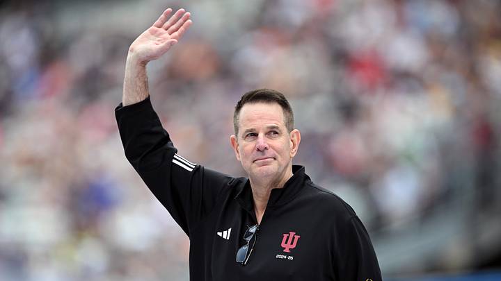 May 24, 2026; Indianapolis, Indiana, USA; Indiana Hoosiers  football head coach Curt Cignetti waves before the 110th Running of the Indianapolis 500 at Indianapolis Motor Speedway. Mandatory Credit: Marc Lebryk-Imagn Images