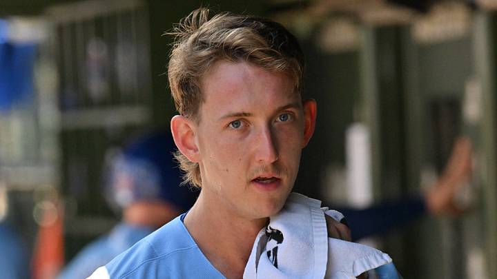 Jun 19, 2026; Chicago, Illinois, USA; Chicago Cubs pitcher Ben Brown (32) looks on from the dugout against the Toronto Blue Jays during the first inning at Wrigley Field. Mandatory Credit: Patrick Gorski-Imagn Images