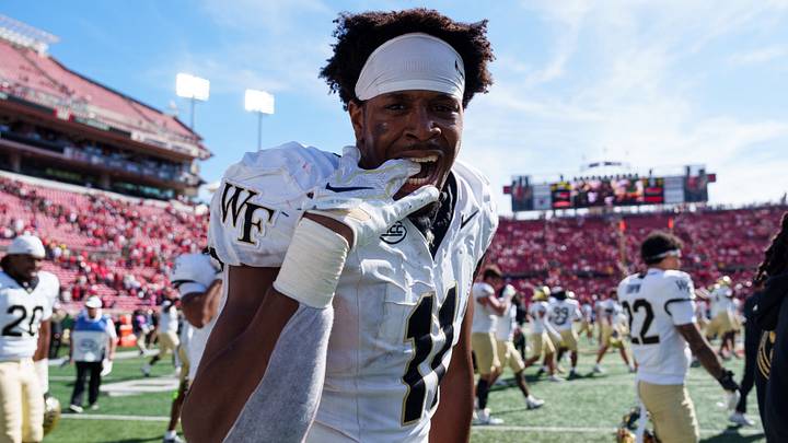 Sep 26, 2026; Louisville, Kentucky, USA;  Wake Forest Demon Deacons defensive lineman Langston Hardy (11) celebrates after winning against the Louisville Cardinals at L&N Federal Credit Union Stadium.  Mandatory Credit: Chris Carter-Imagn Images
