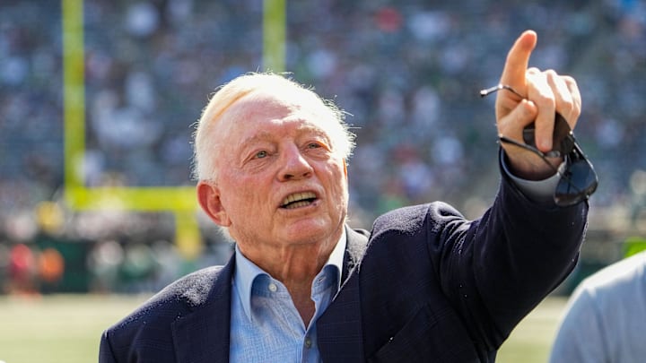 Dallas Cowboys Owner, President and general manager Jerry Jones stands on the field prior to a game against the New York Jets 