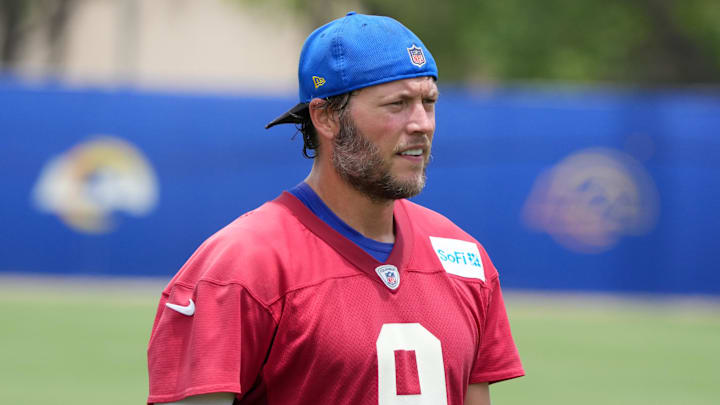 Jun 3, 2025; Woodland Hills, CA, USA; Los Angeles Rams quarterback Matthew Stafford (9) during organized team activities at Rams Practice Facility. Mandatory Credit: Kirby Lee-Imagn Images