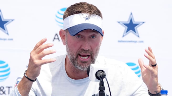 Jul 27, 2025; Oxnard, CA, USA; Dallas Cowboys coach Brian Schottenheimer at training camp press conference at the River Ridge Fields. Mandatory Credit: Kirby Lee-Imagn Images
