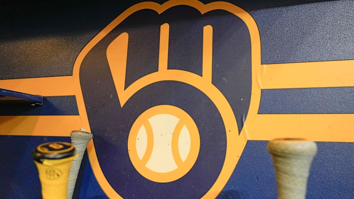 Apr 18, 2025; Milwaukee, Wisconsin, USA;  General view of the Milwaukee Brewers logo in the dugout during batting practice prior to the game against the Athletics at American Family Field. Mandatory Credit: Jeff Hanisch-Imagn Images