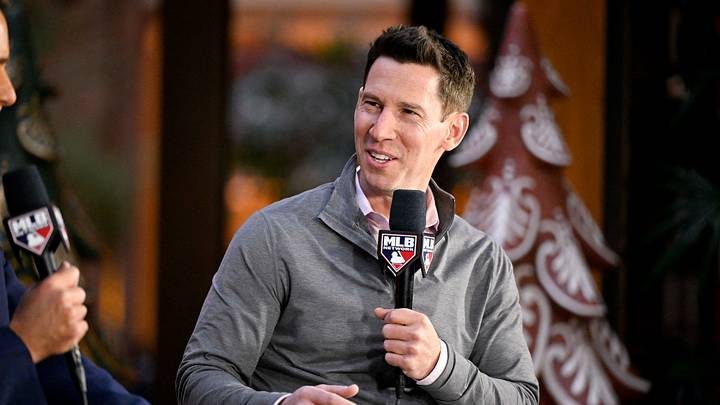 Dec 9, 2024; Dallas, TX, USA; Boston Red Sox chief baseball officer Craig Breslow speaks with the media at the Hilton Anatole during the 2024 MLB Winter Meetings. Mandatory Credit: Jerome Miron-Imagn Images