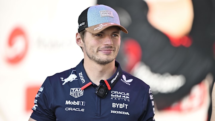 Oct 19, 2024; Austin, Texas, USA; Oracle Red Bull Racing driver Max Verstappen (1) of Team Netherlands smiles to the crowd during a fan forum before the Sprint Race in the 2024 Formula One US Grand Prix at Circuit of the Americas. Mandatory Credit: Jerome Miron-Imagn Images