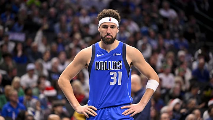 Dec 25, 2024; Dallas, Texas, USA; Dallas Mavericks guard Klay Thompson (31) looks on during the second half of the game against the Minnesota Timberwolves at the American Airlines Center. 