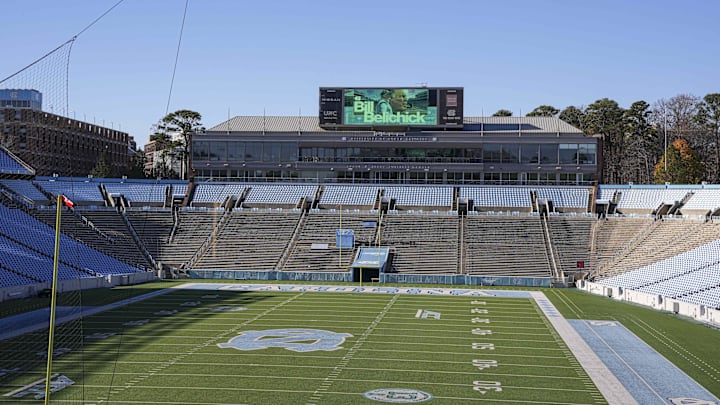 Dec 12, 2024; Chapel Hill, NC, USA;  Monitors with signage in Kenan Stadium announcing the hiring of North Carolina Tar Heels new head coach Bill Belichick at Loudermilk Center for Excellence. Mandatory Credit: Jim Dedmon-Imagn Images