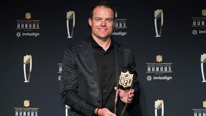 Feb 6, 2025; New Orleans, LA, USA; Minnesota Vikings coach Kevin O'Connell poses with the Coach of the Year award during Super Bowl LIX NFL Honors at Saenger Theatre.