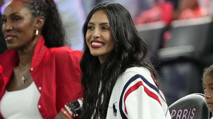 Vanessa Bryant looks on before the women's gold medal game between France and the United States during the Paris 2024 Olympic Summer Games at Accor Arena.