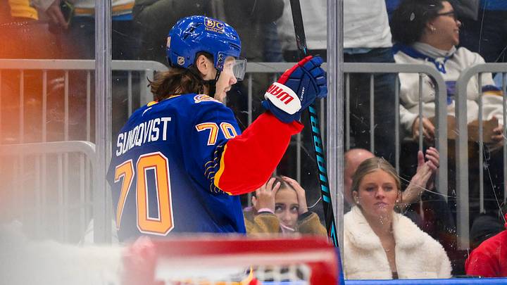 Jan 29, 2026; St. Louis, Missouri, USA; St. Louis Blues center Oskar Sundqvist (70) reacts after scoring against the Florida Panthers during the second period at Enterprise Center. Mandatory Credit: Jeff Curry-Imagn Images