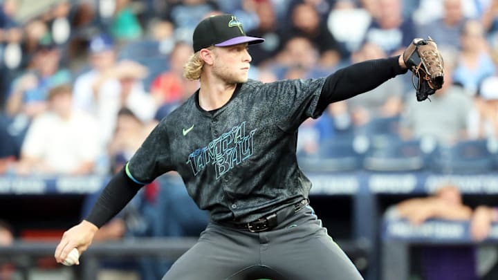 Tampa Bay Rays starting pitcher Shane Baz (11) got roughed up by the Los Angeles Dodgers in a 5-0 loss on Friday night. 