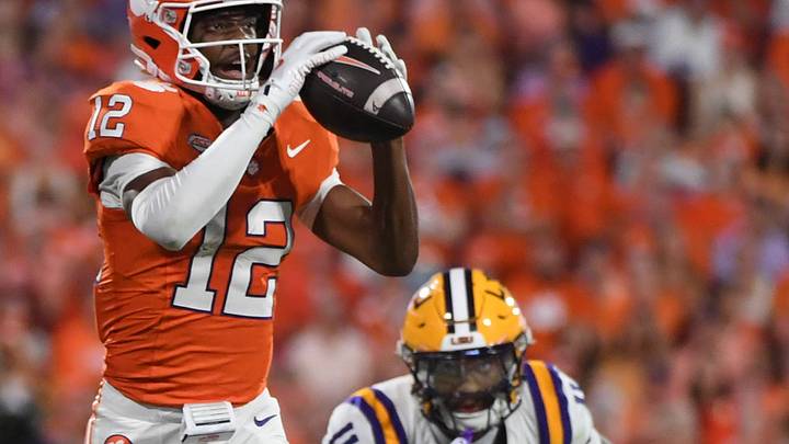 Clemson Tigers wide receiver Bryant Wesco Jr. (12) catches a pass while being defended by LSU Tigers cornerback PJ Woodland (11) Saturday, Aug. 30, 2025 during the NCAA football game at Memorial Stadium in Clemson, South Carolina. LSU Tigers won 17-10. Clemson Tigers wide receiver Bryant Wesco Jr. (12) catches a pass while being defended by LSU Tigers cornerback PJ Woodland (11) Saturday, Aug. 30, 2025 during the NCAA football game at Memorial Stadium in Clemson, South Carolina. LSU Tigers won 17-10.
