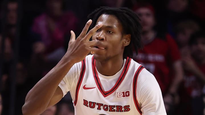Nov 14, 2025; Piscataway, New Jersey, USA; Rutgers Scarlet Knights forward Dylan Grant (9) reacts after scoring basket during the first half against the Lehigh Mountain Hawks at Jersey Mike's Arena. Mandatory Credit: Vincent Carchietta-Imagn Images