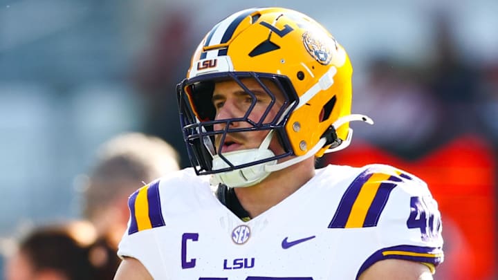 LSU Tigers linebacker Whit Weeks warms up before the game against the Oklahoma Sooners at Gaylord Family-Oklahoma Memorial Stadium.