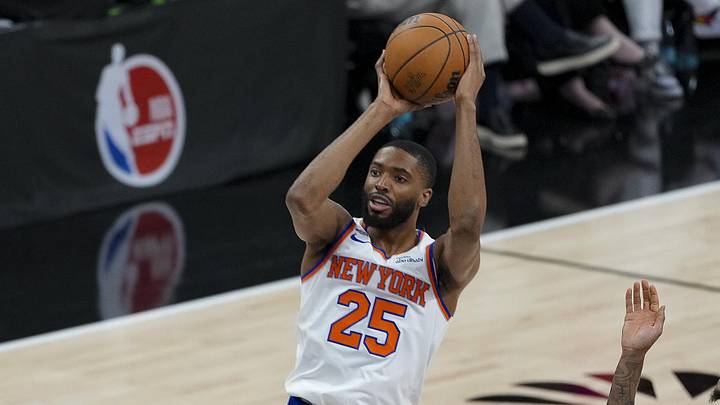 Jun 3, 2026; San Antonio, Texas, USA; New York Knicks guard Mikal Bridges (25) makes a jump shot against the San Antonio Spurs during the first half during game one of the 2026 NBA Finals at Frost Bank Center. Mandatory Credit: Daniel Dunn-Imagn Images