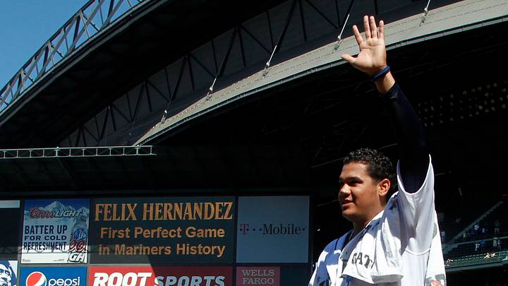 Aug 15, 2012; Seattle, WA, USA; Seattle Mariners pitcher Felix Hernandez (34) waves to the crowd after a postgame interview following a perfect game against the Tampa Bay Rays at Safeco Field. Mandatory Credit: Joe Nicholson-USA TODAY Sports Aug 15, 2012; Seattle, WA, USA; Seattle Mariners pitcher Felix Hernandez (34) waves to the crowd after a postgame interview following a perfect game against the Tampa Bay Rays at Safeco Field. Mandatory Credit: Joe Nicholson-USA TODAY Sports