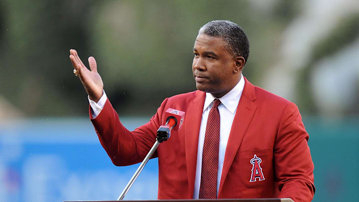 August 20, 2016; Anaheim, CA, USA; Former Los Angeles Angels player Garret Anderson speaks following his induction into the Angels hall of fame at Angel Stadium of Anaheim. Mandatory Credit: Gary A. Vasquez-Imagn Images