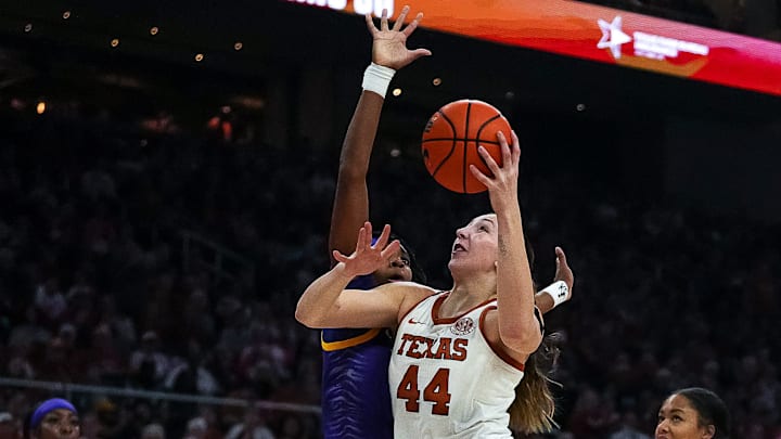 Texas Longhorns forward Taylor Jones (44) shoots the ball past LSU forward Sa'Myah Smith (5) during the game at the Moody Center on Sunday, Feb. 16, 2025.