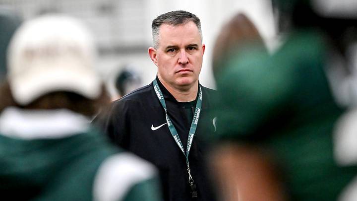 Michigan State's head coach Pat Fitzgerald looks on during spring football practice on Tuesday, March 24, 2026, in East Lansing.