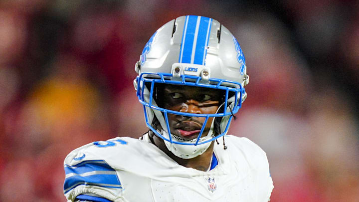 Oct 12, 2025; Kansas City, Missouri, USA; Detroit Lions defensive end Al-Quadin Muhammad (96) reacts during the second half against the Kansas City Chiefs at GEHA Field at Arrowhead Stadium. Mandatory Credit: Jay Biggerstaff-Imagn Images