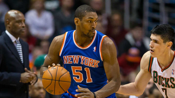 Dec 18, 2013; Milwaukee, WI, USA; New York Knicks forward Metta World Peace (51) during the game against the Milwaukee Bucks at BMO Harris Bradley Center.  New York won 107-101 in double overtime.  Mandatory Credit: Jeff Hanisch-Imagn Images
