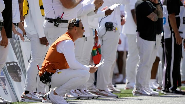 Texas Longhorns head coach Steve Sarkisian watches his team against Ohio State Buckeyes during the first quarter