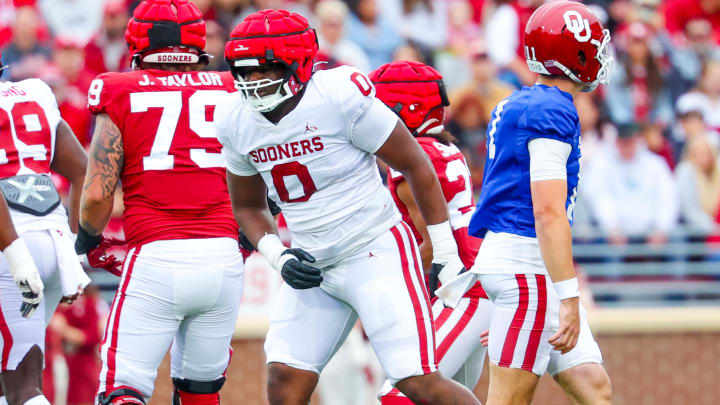 Apr 20, 2024; Norman, OK, USA;  Oklahoma Sooners defensive lineman David Stone (0) reacts after pressuring Oklahoma Sooners quarterback Jackson Arnold (11) during the Oklahoma Sooners spring game at Gaylord Family OK Memorial Stadium. Mandatory Credit: Kevin Jairaj-USA TODAY Sports