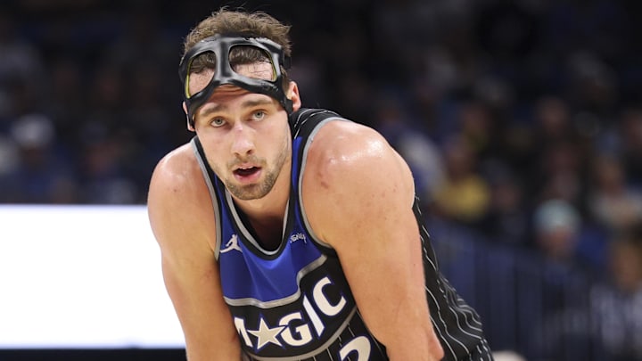 Dec 3, 2025; Orlando, Florida, USA; Orlando Magic forward Franz Wagner (22) looks on against the San Antonio Spurs in the third quarter at Kia Center. Mandatory Credit: Nathan Ray Seebeck-Imagn Images