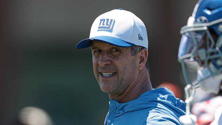 Jun 3, 2026; East Rutherford, NJ, USA;  New York Giants head coach John Harbaugh looks on during organized team activities at Quest Diagnostics Training Center. Mandatory Credit: Vincent Carchietta-Imagn Images