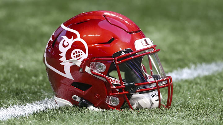 Sep 6, 2021; Atlanta, Georgia, USA; Detailed view of a Louisville Cardinals helmet on the field before a game against the Mississippi Rebels at Mercedes-Benz Stadium. 