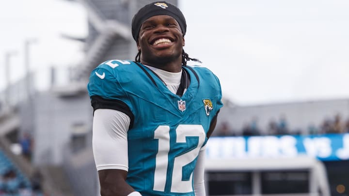 Jacksonville Jaguars wide receiver Travis Hunter (12) before the game against the Pittsburgh Steelers at EverBank Stadium.