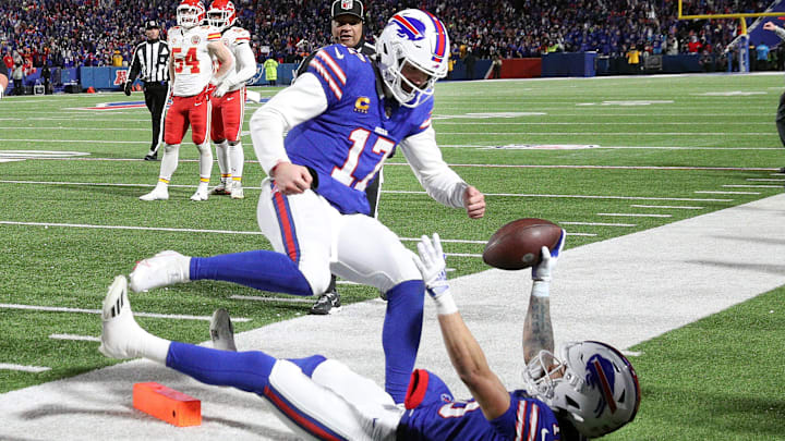 Buffalo Bills QB Josh Allen jumps in to celebrate with Buffalo Bills WR Khalil Shakir after his 13 yard touchdown catch. Buffalo Bills QB Josh Allen jumps in to celebrate with Buffalo Bills WR Khalil Shakir after his 13 yard touchdown catch.