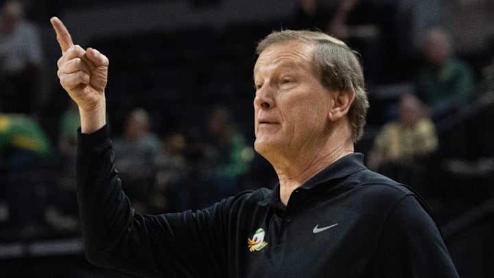 Oregon coach Dana Altman directs his team against Penn State at Matthew Knight in Eugene Feb. 14, 2026.