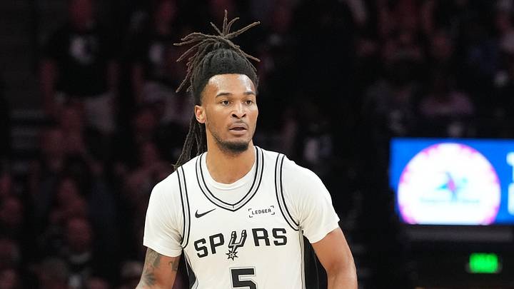 May 15, 2026; Minneapolis, Minnesota, USA; San Antonio Spurs guard Stephon Castle (5) dribbles the ball against the Minnesota Timberwolves in the first half during game six of the second round of the 2026 NBA Playoffs at Target Center. Mandatory Credit: Jesse Johnson-Imagn Images