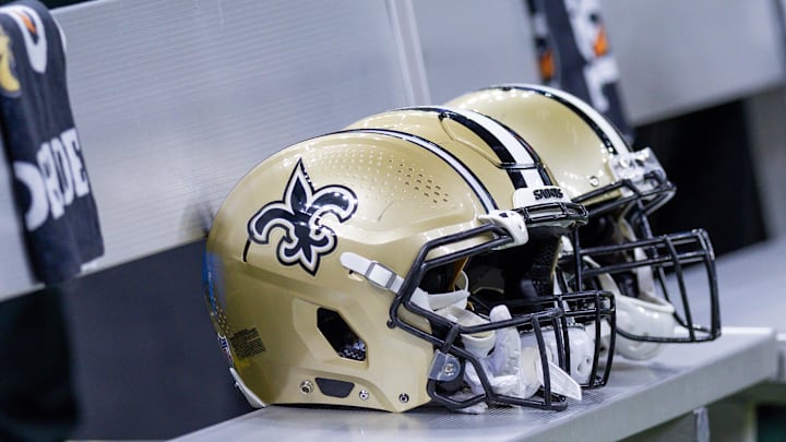 Aug 13, 2023; New Orleans, Louisiana, USA; Detailed view of New Orleans Saints helmets on the bench during the game against the Kansas City Chiefs during the second half at the Caesars Superdome. Mandatory Credit: Stephen Lew-Imagn Images