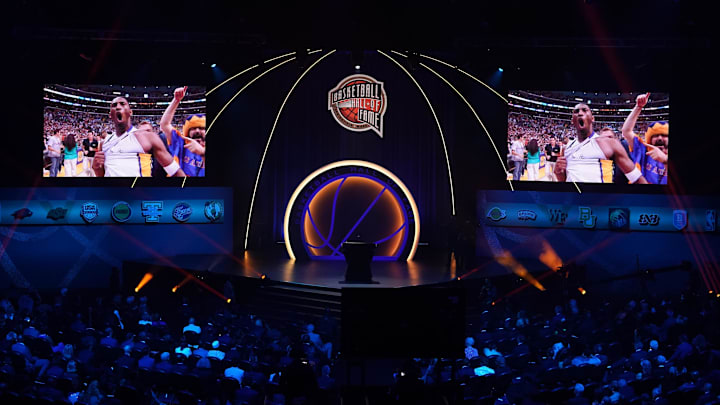 May 15, 2021; Uncasville, Connecticut, USA;  The late Kobe Bryant is honored during the Class of 2020 Naismith Memorial Basketball Hall of Fame Enshrinement ceremony at Mohegan Sun Arena. Mandatory Credit: David Butler II-Imagn Images