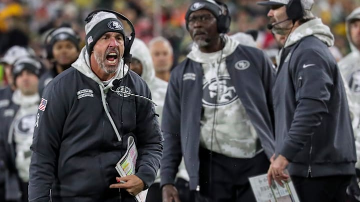 San Francisco 49ers head coach Kyle Shanahan argues with a referee after a penalty was called against the 49ers during a game against the Green Bay Packers on Sunday, November 24, 2024, at Lambeau Field in Green Bay, Wis. The Packers won the game, 38-10.
Tork Mason/USA TODAY NETWORK-Wisconsin San Francisco 49ers head coach Kyle Shanahan argues with a referee after a penalty was called against the 49ers during a game against the Green Bay Packers on Sunday, November 24, 2024, at Lambeau Field in Green Bay, Wis. The Packers won the game, 38-10.
Tork Mason/USA TODAY NETWORK-Wisconsin