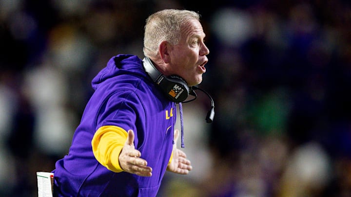Nov 23, 2024; Baton Rouge, Louisiana, USA;  LSU Tigers head coach Brian Kelly reacts to a play against the Vanderbilt Commodores during the second half at Tiger Stadium.