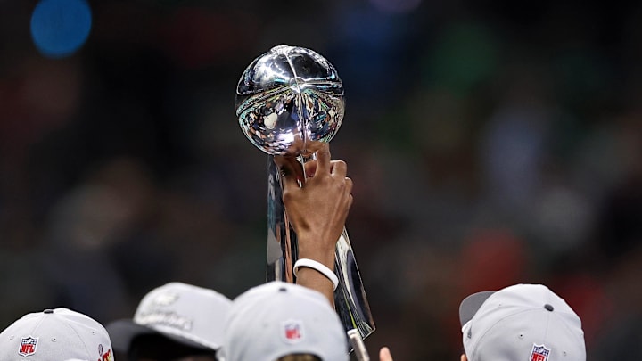 Feb 9, 2025; New Orleans, LA, USA; A detail view as the Philadelphia Eagles lift the Vince Lombardi Trophy after winning Super Bowl LIX against the Kansas City Chiefs at Caesars Superdome. Mandatory Credit: Bill Streicher-Imagn Images