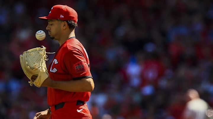 May 9, 2026; Cincinnati, Ohio, USA; Cincinnati Reds starting pitcher Chase Burns (26) prepares to pitch against the Houston Astros in the first inning at Great American Ball Park. Mandatory Credit: Katie Stratman-Imagn Images