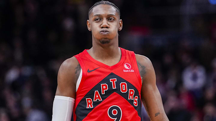 Dec 31, 2025; Toronto, Ontario, CAN; Toronto Raptors forward/guard RJ Barrett (9) reacts after missing a shot against the Denver Nuggets at Scotiabank Arena. Mandatory Credit: Kevin Sousa-Imagn Images